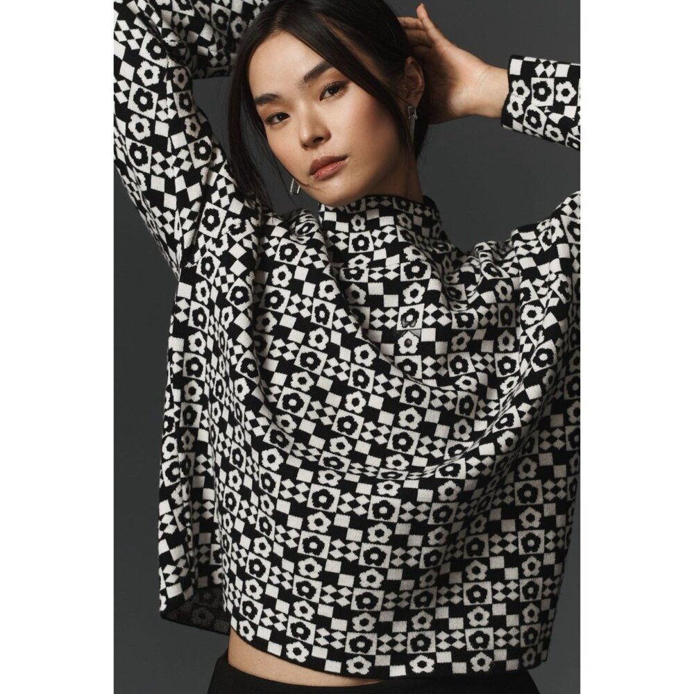 Anthropologie Maeve CARYS Mock Neck Sweater Womens Small Black Novelty Oversized